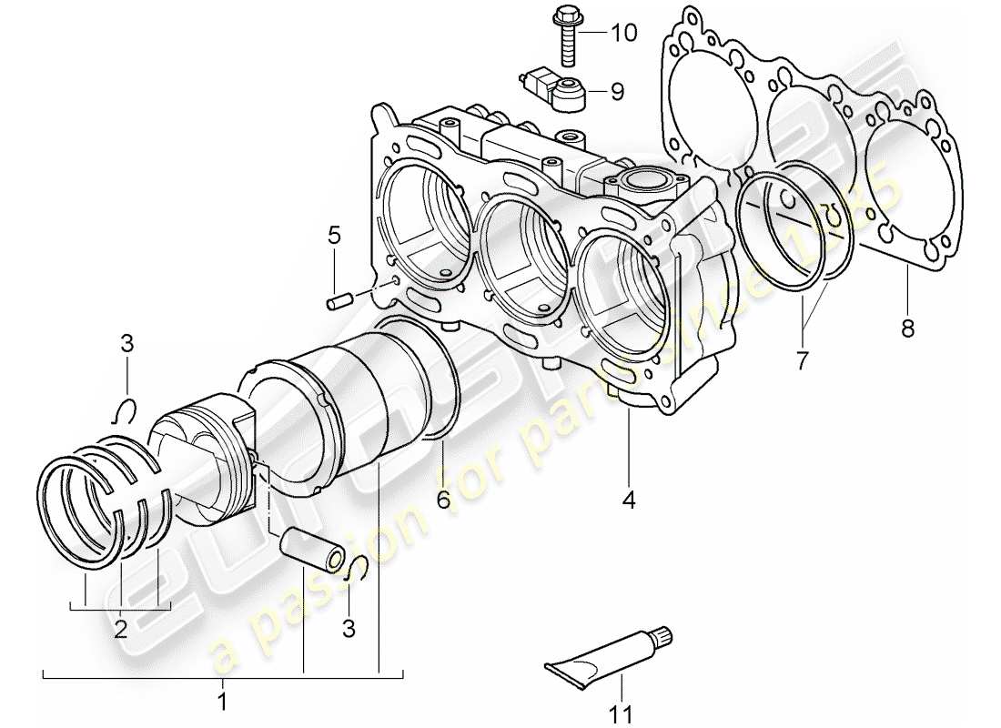 porsche 997 t/gt2 (2008) cylinder with pistons part diagram