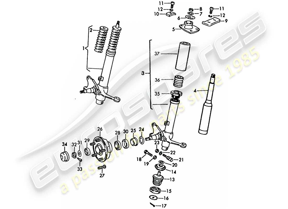 porsche 1967 (911/912) spring strut - shock absorber strut - d - mj 1969>> - mj 1969 part diagram