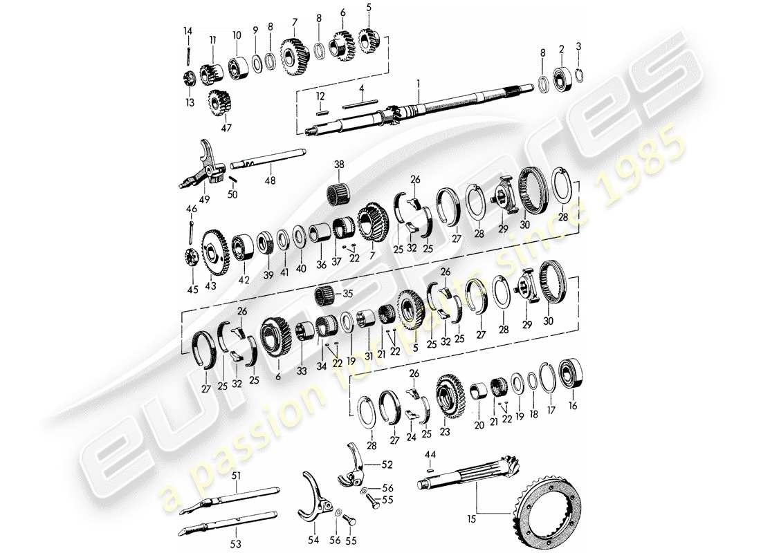 porsche 1963 (356b/356c) speed - transmission - gears and shafts part diagram