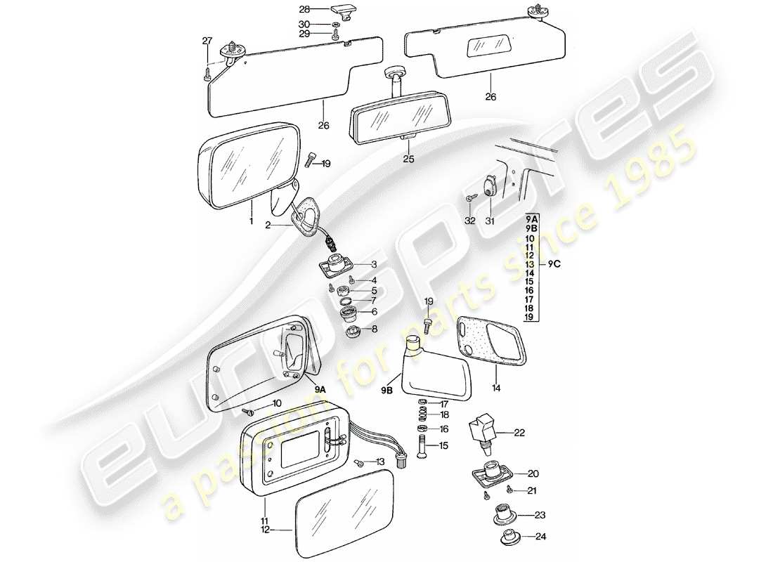 porsche 1982 (924) rear view mirror - rear view mirror inner - sun vizor part diagram