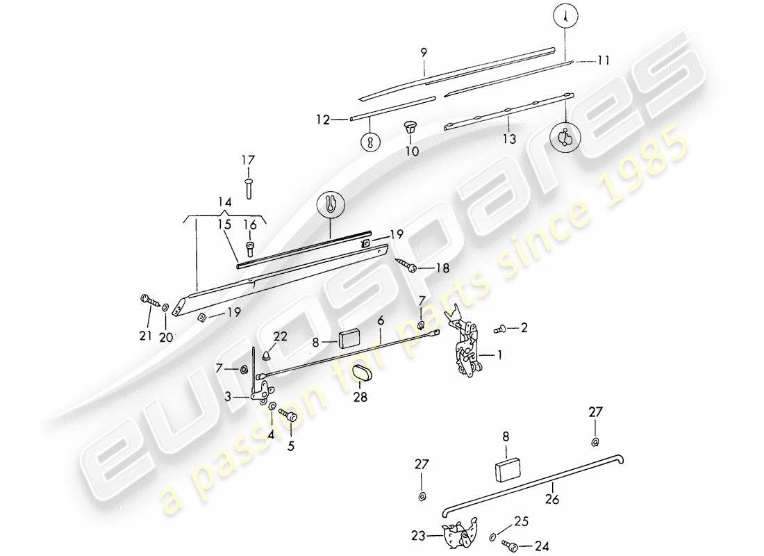 porsche 1971 (911) door latch - with installation parts part diagram