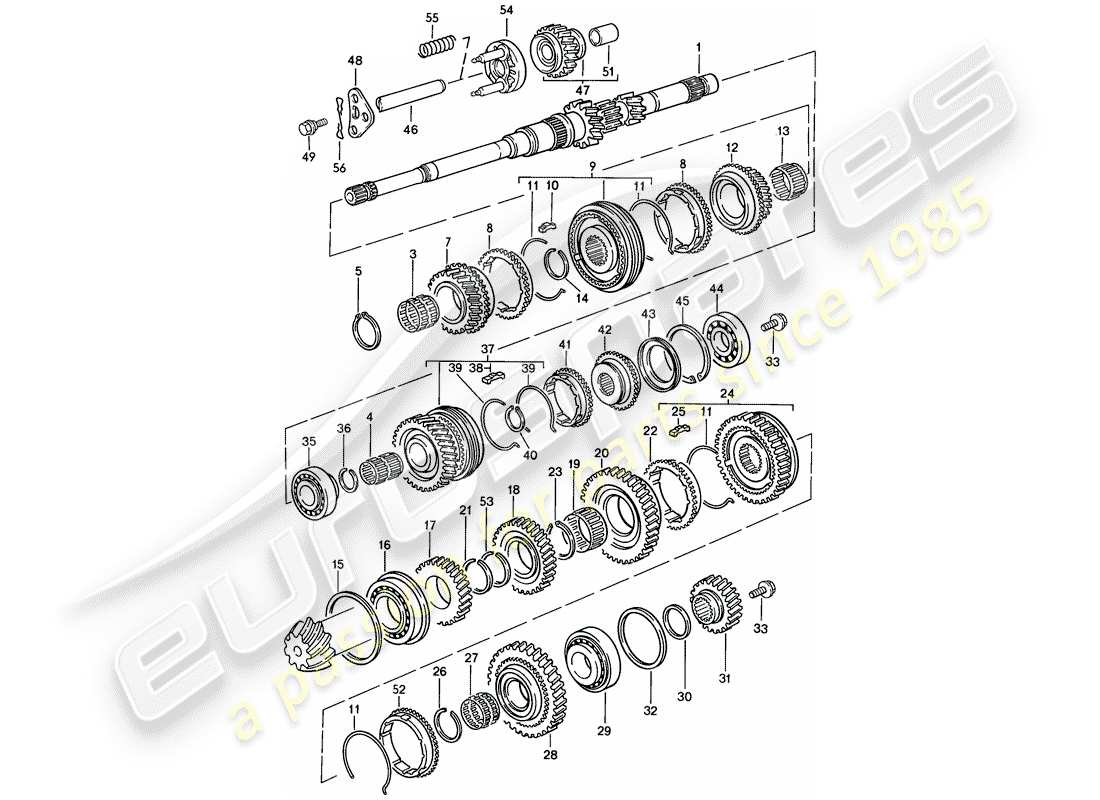 porsche 1988 (924s) gears and shafts - manual gearbox parts diagram