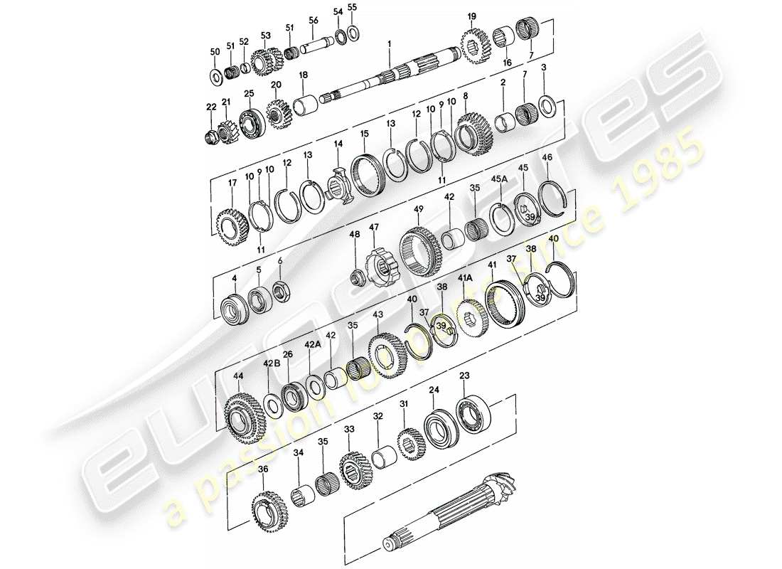 porsche 1979 (924) gears and shafts - 5-speed - transmission - gear wheel sets - 016 z part diagram