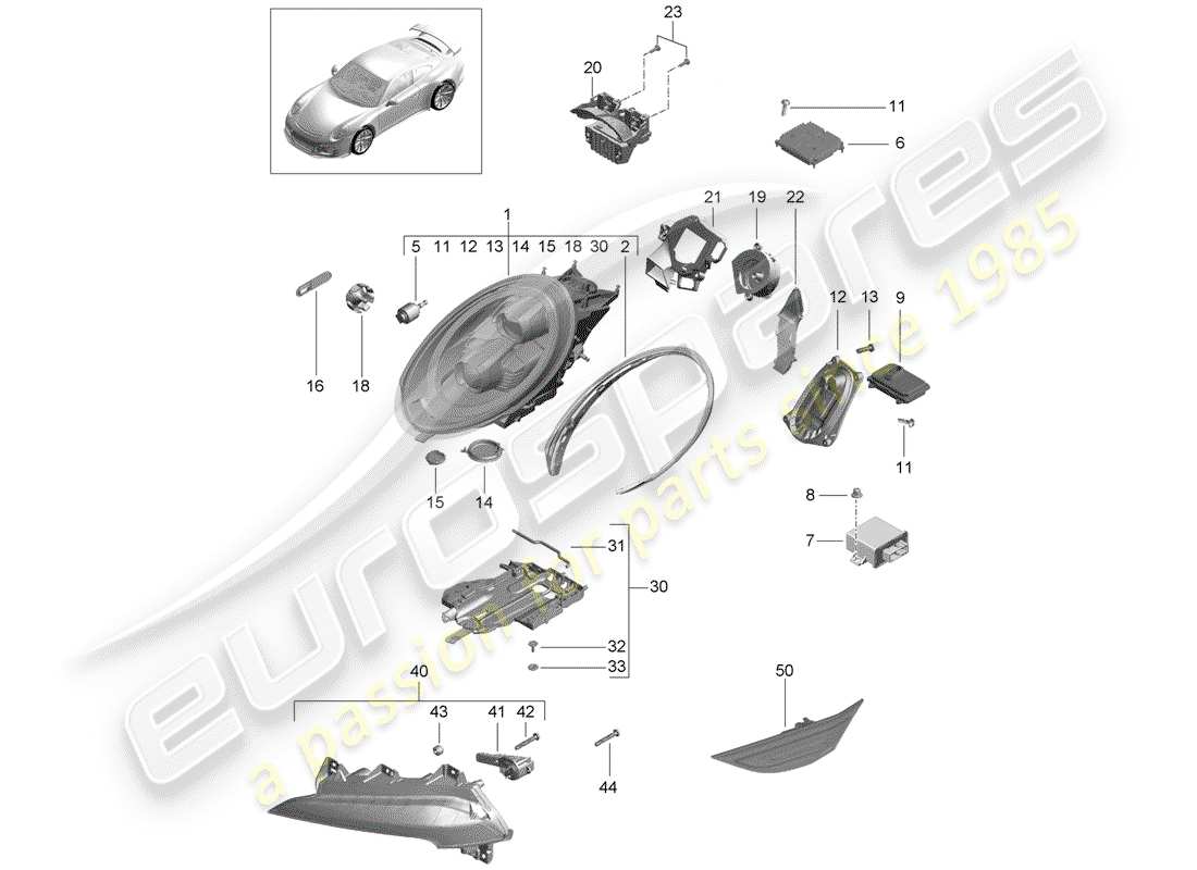 porsche 2016 (991-1 r/gt3/rs) led headlight part diagram