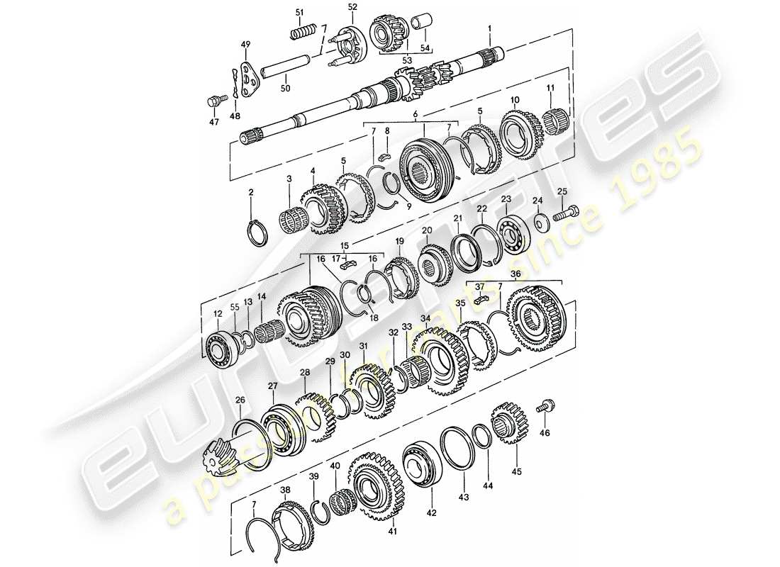 porsche 1986 (944) gears and shafts - manual gearbox part diagram