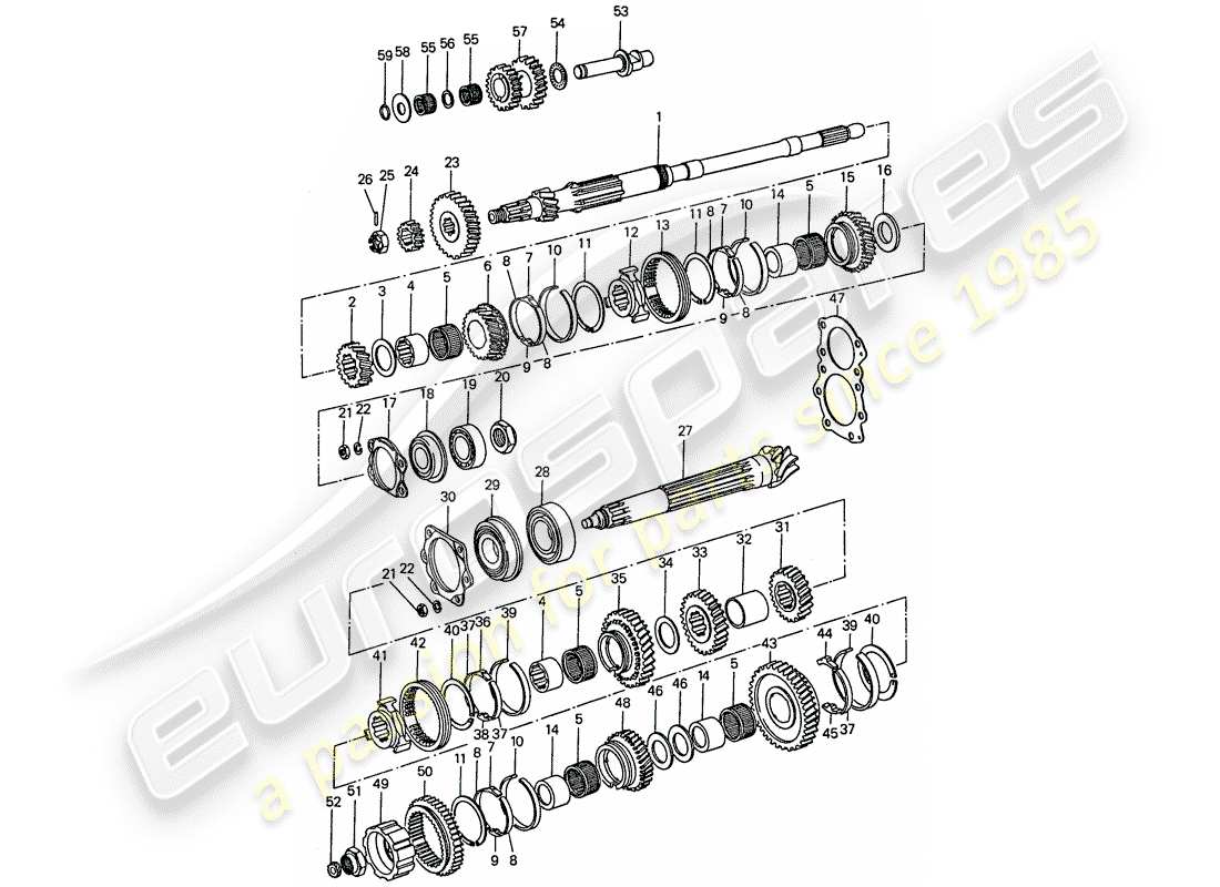 porsche 1975 (911) gears and shafts - 5 - speed part diagram