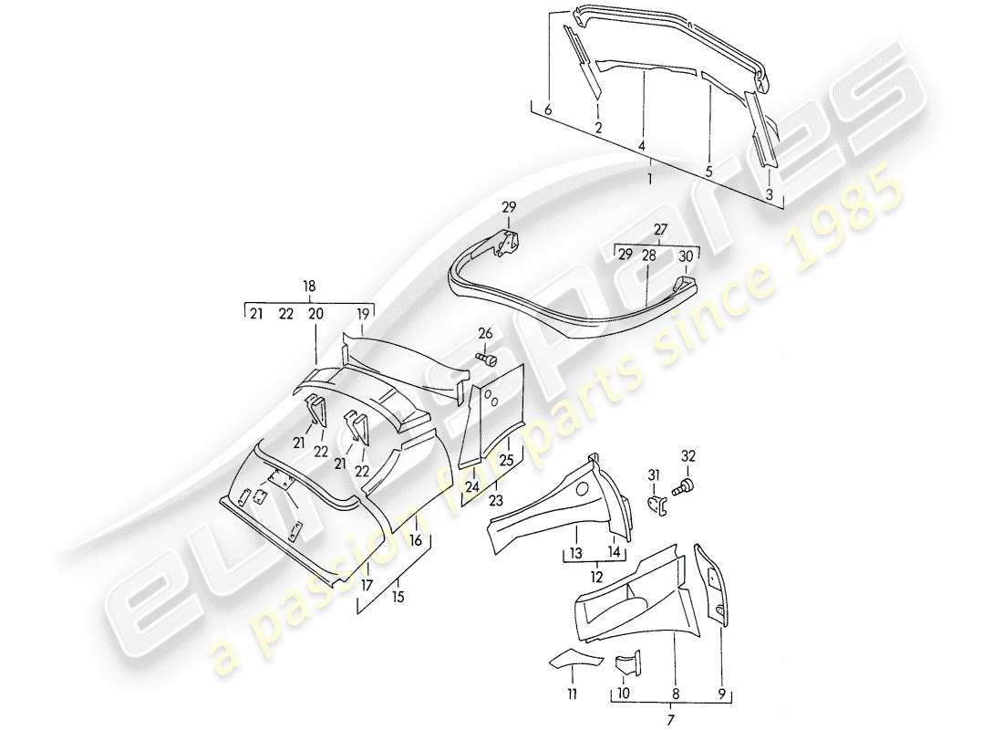 porsche 1950 (356/356a) body shell - interior panelling parts diagram