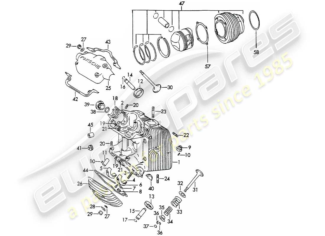 porsche 1961 (356b/356c) cylinder head - cylinder with pistons parts diagram