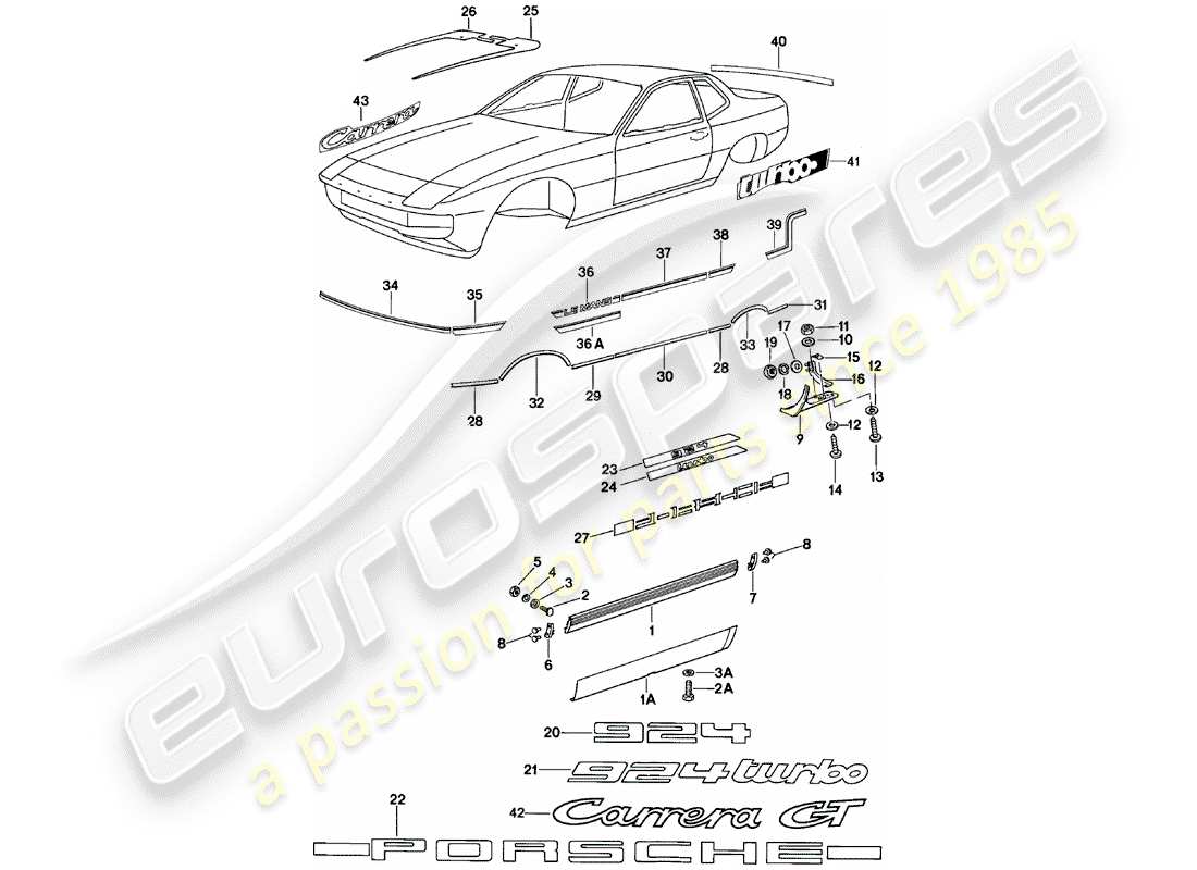 porsche 1982 (924) side member trim - nameplates - wheel opening part diagram