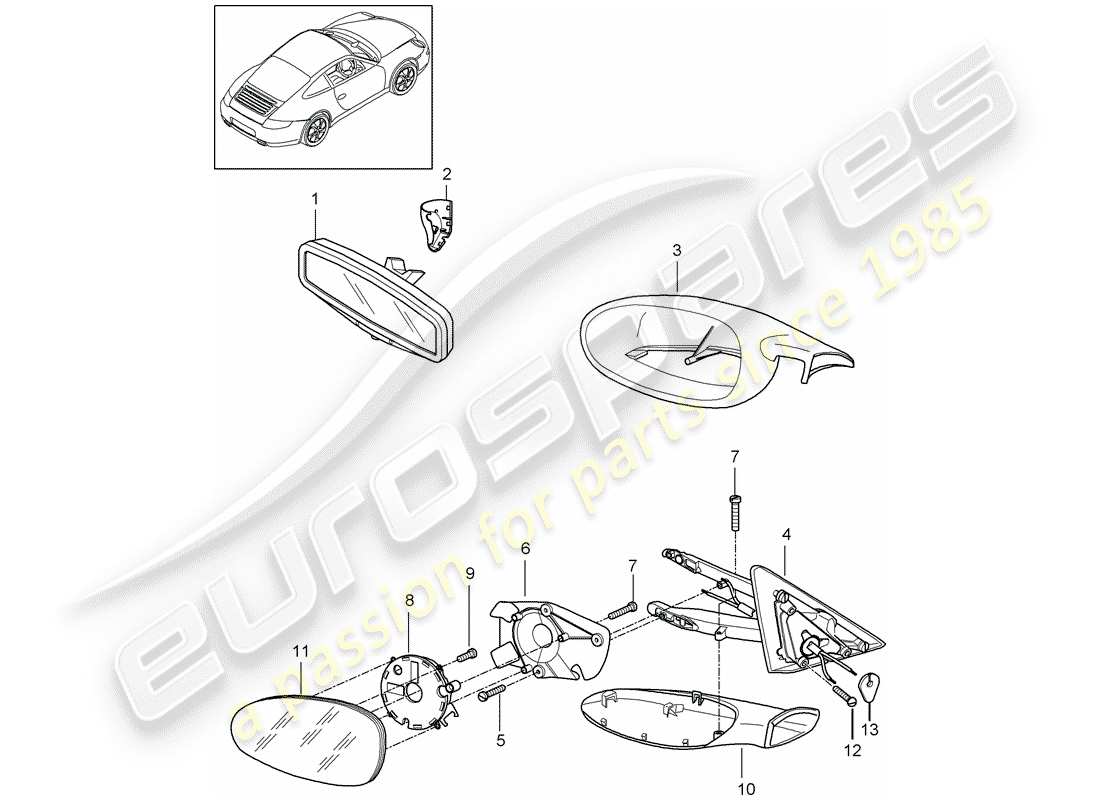 porsche 2008 (997-1) rear view mirror inner part diagram