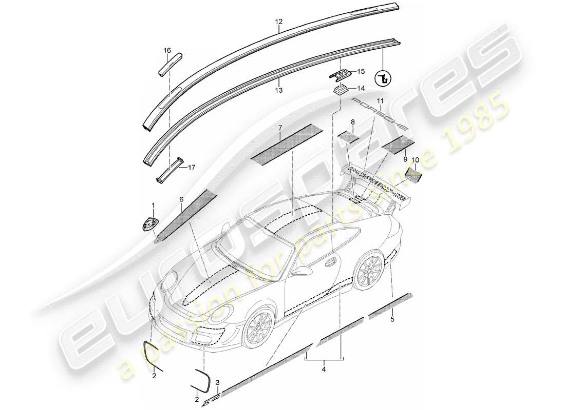 porsche 2007 (997-1 gt3) nameplates part diagram
