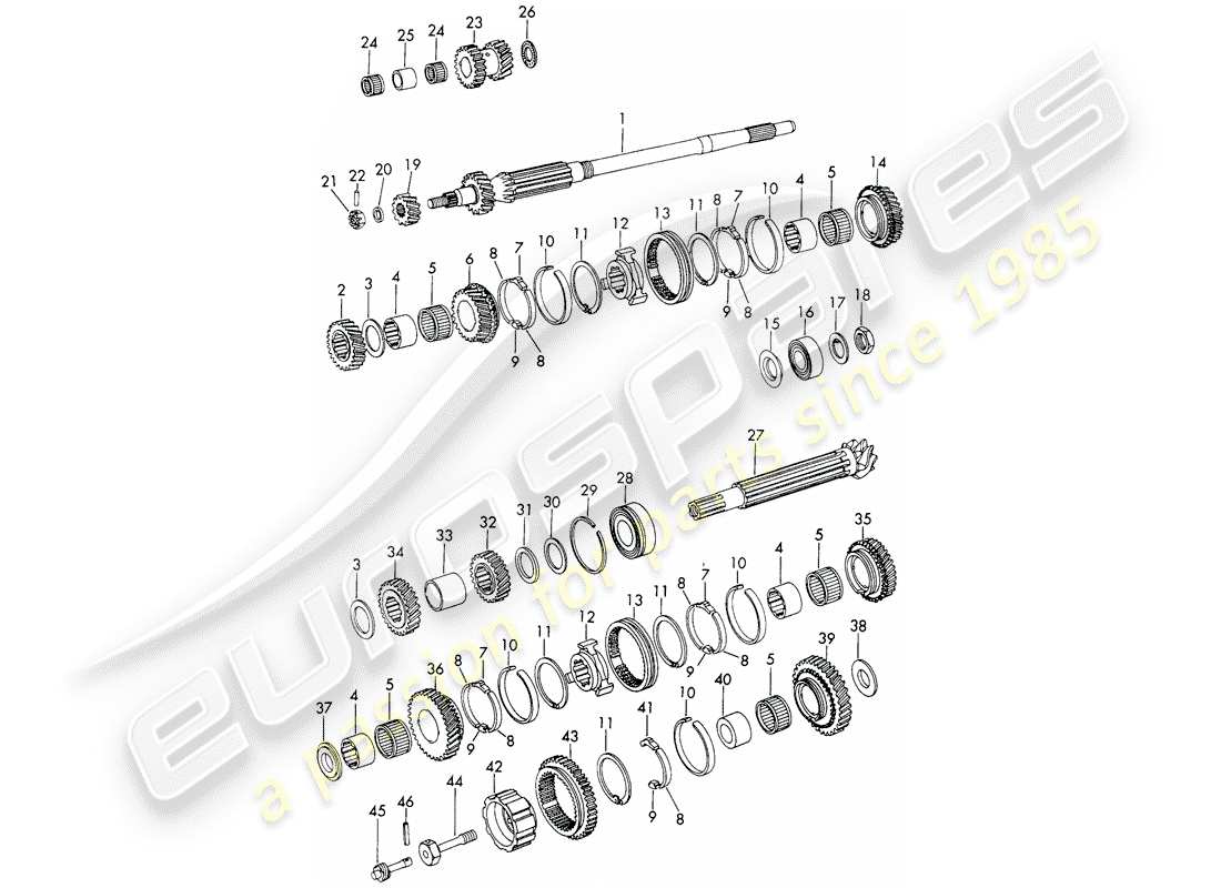 porsche 1966 (911/912) gears and shafts - 5-speed - transmission part diagram