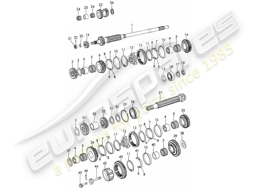 porsche 911/912 (1966) gears and shafts - 5-speed - transmission parts diagram