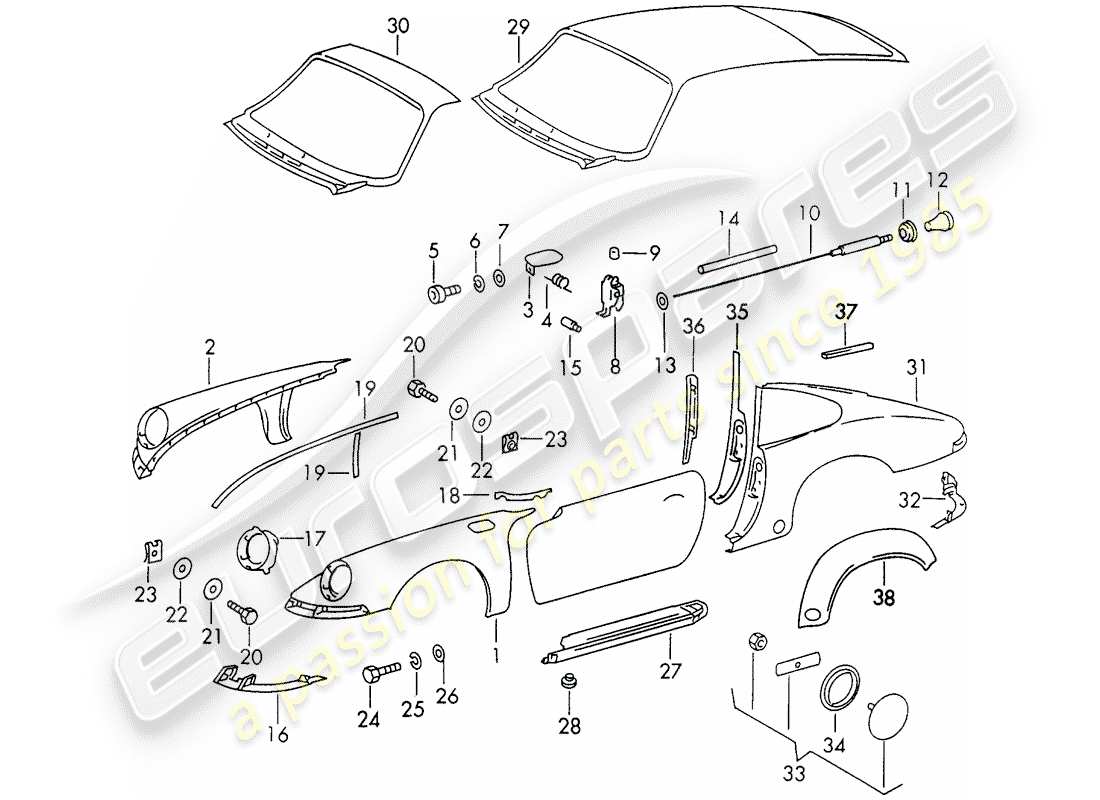 porsche 1970 (911) exterior panelling part diagram