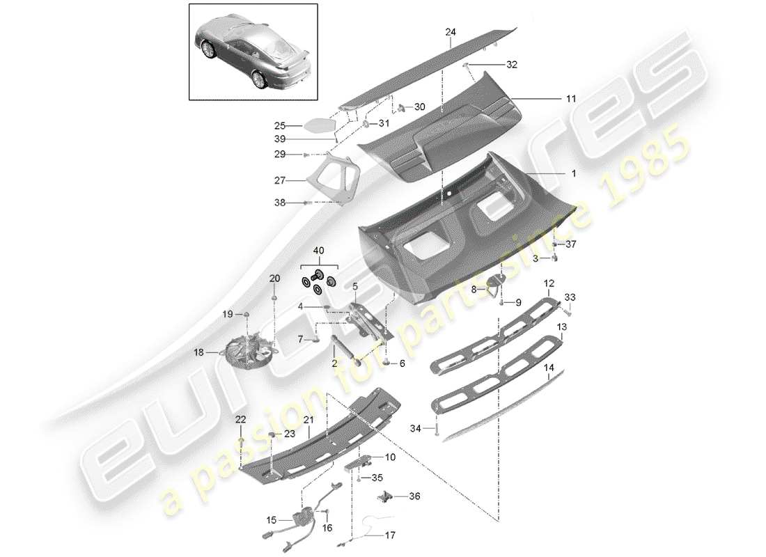 porsche 2016 (991-1 r/gt3/rs) rear spoiler part diagram