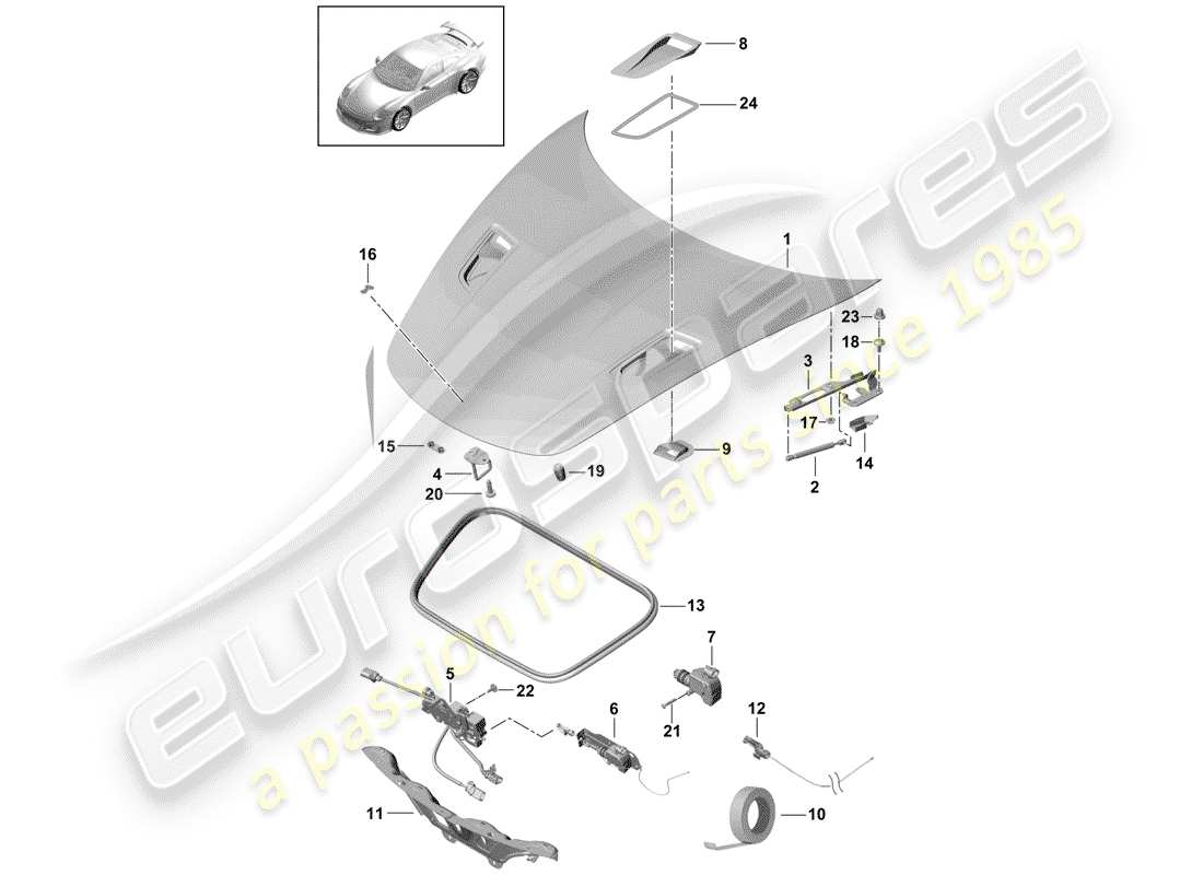 porsche 2016 (991-1 r/gt3/rs) hood part diagram
