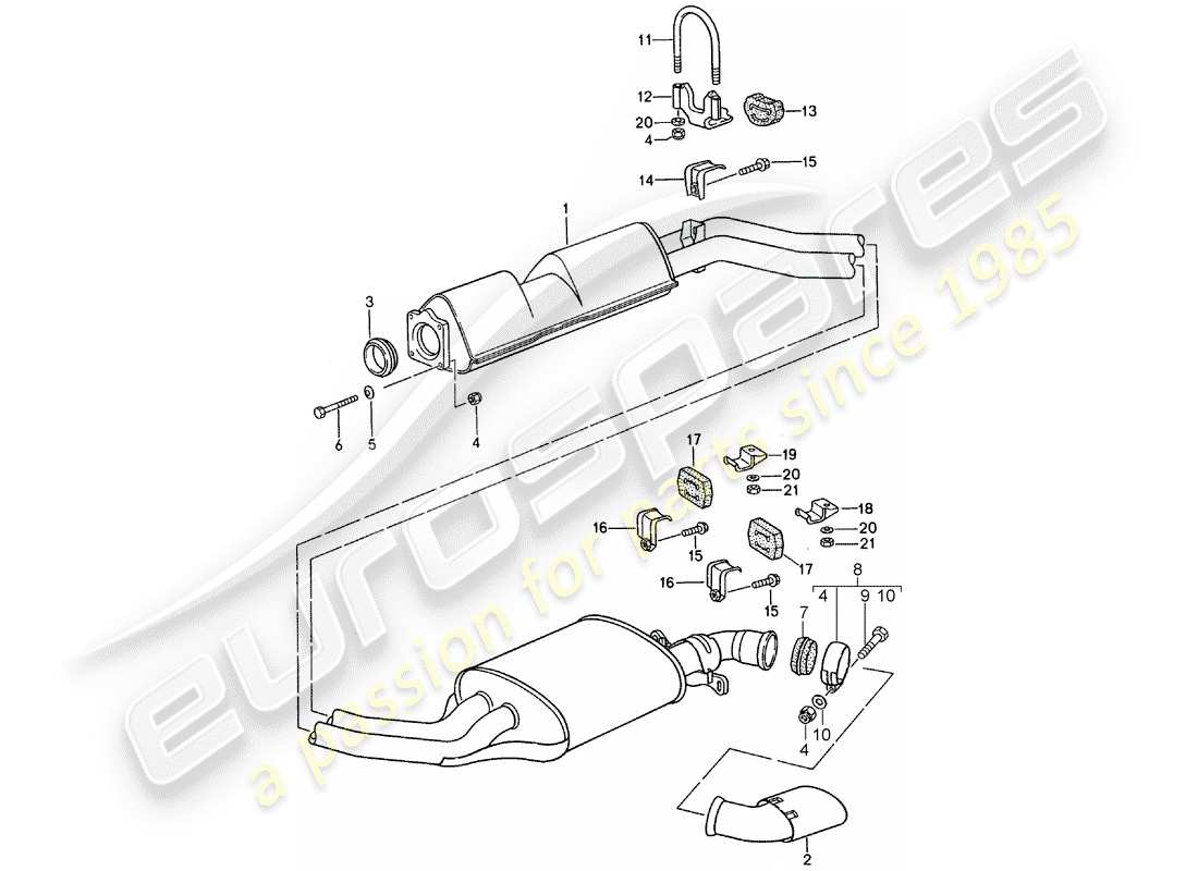 porsche 1994 (968) exhaust system - middle exhaust muffler - exhaust silencer, rear part diagram