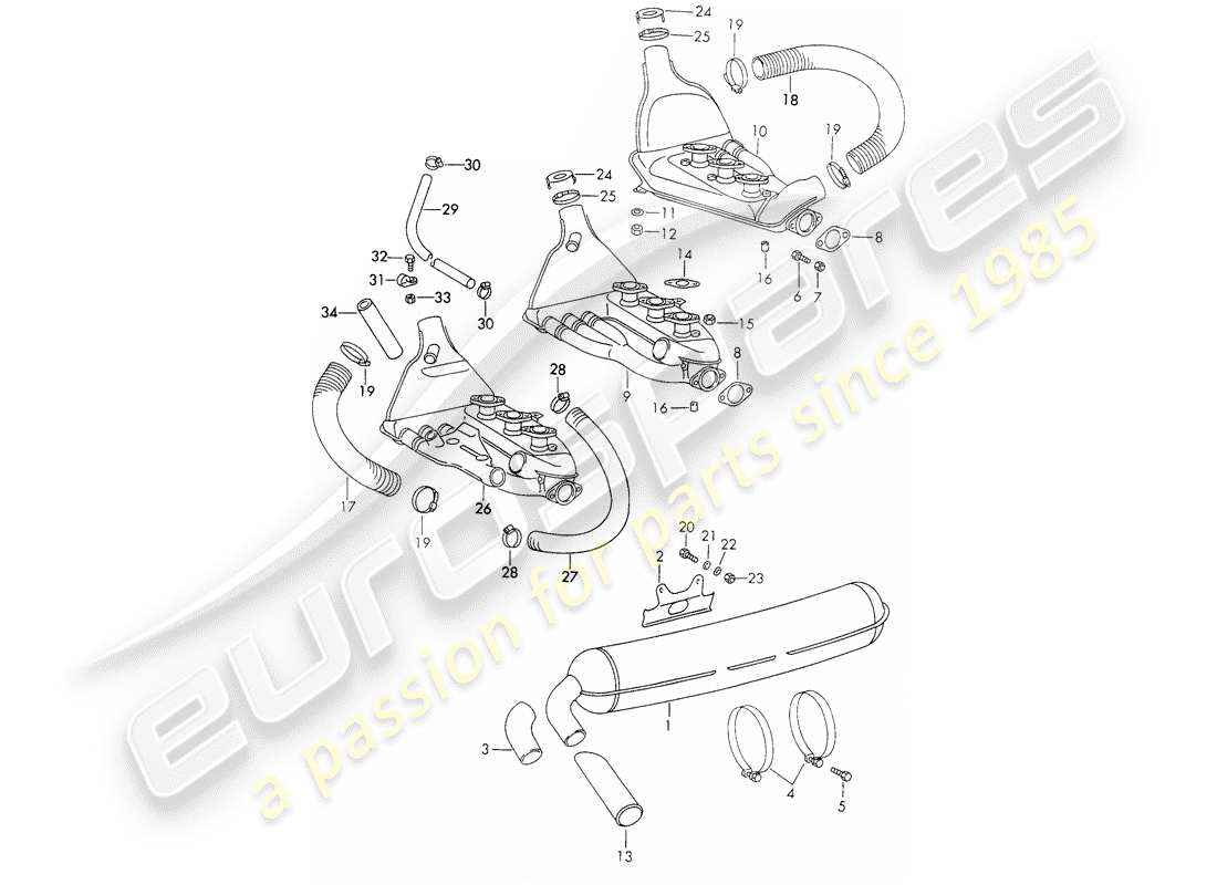 porsche 1972 (911) exhaust system part diagram