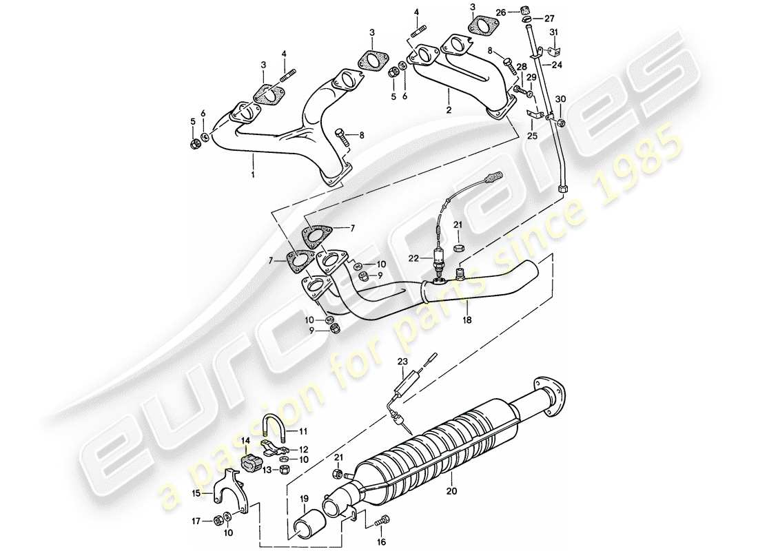 porsche 1988 (924s) exhaust system - catalyst parts diagram