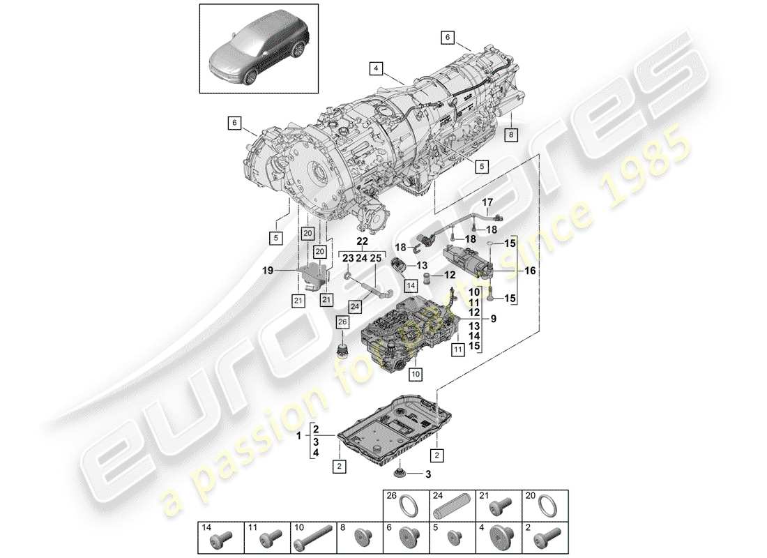 porsche 2020 (cayenne e3 9ya/9yb) 8-speed automatic gearbox part diagram
