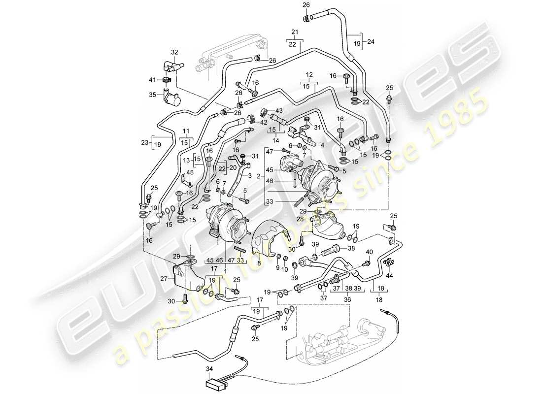 porsche 2008 (997-1 turbo / gt2) exhaust gas turbocharger parts diagram
