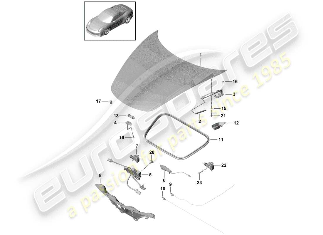 porsche 991r/gt3/rs (2016) hood parts diagram