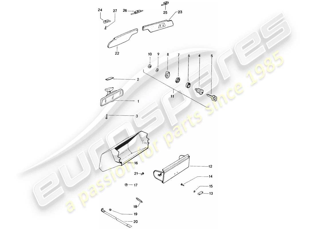 porsche 1972 (914) rear view mirror inner - glove box - sun vizor part diagram