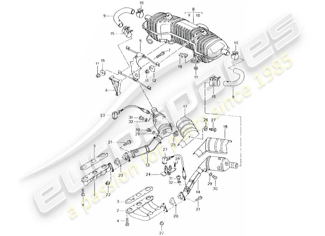 porsche 2001 (986 boxster) exhaust system - m 96.20 part diagram