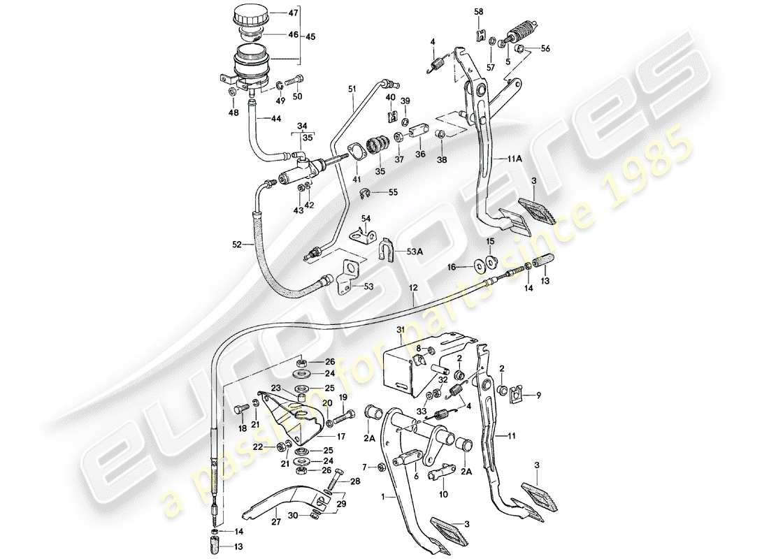 porsche 924 (1981) brake and clutch pedals - cluster part diagram