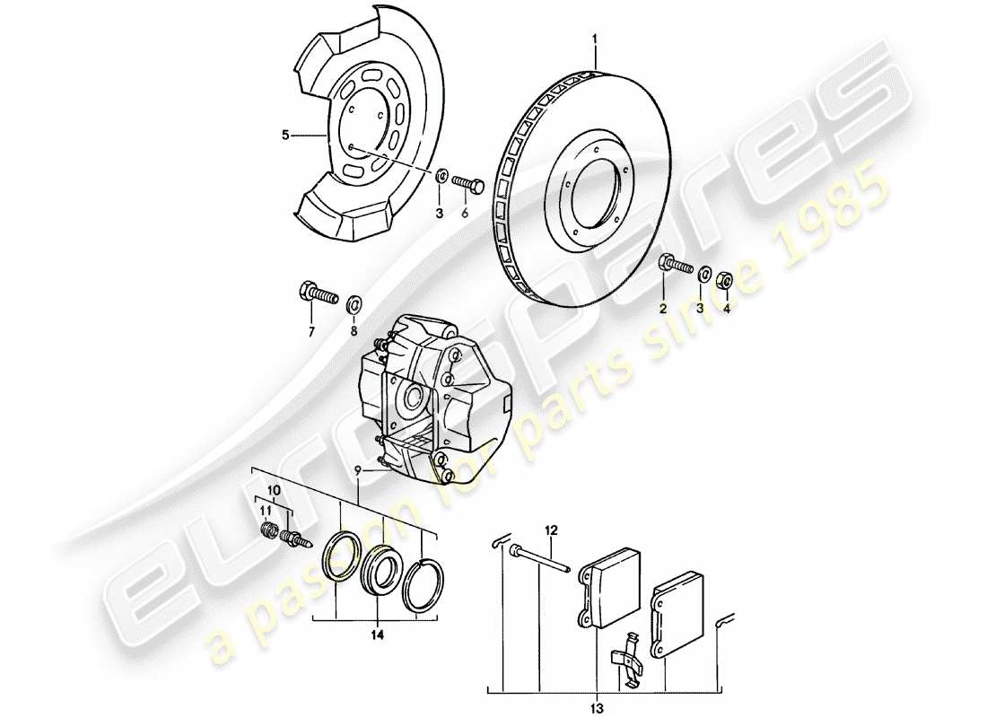 porsche 911 (1980) disc brakes - front axle parts diagram