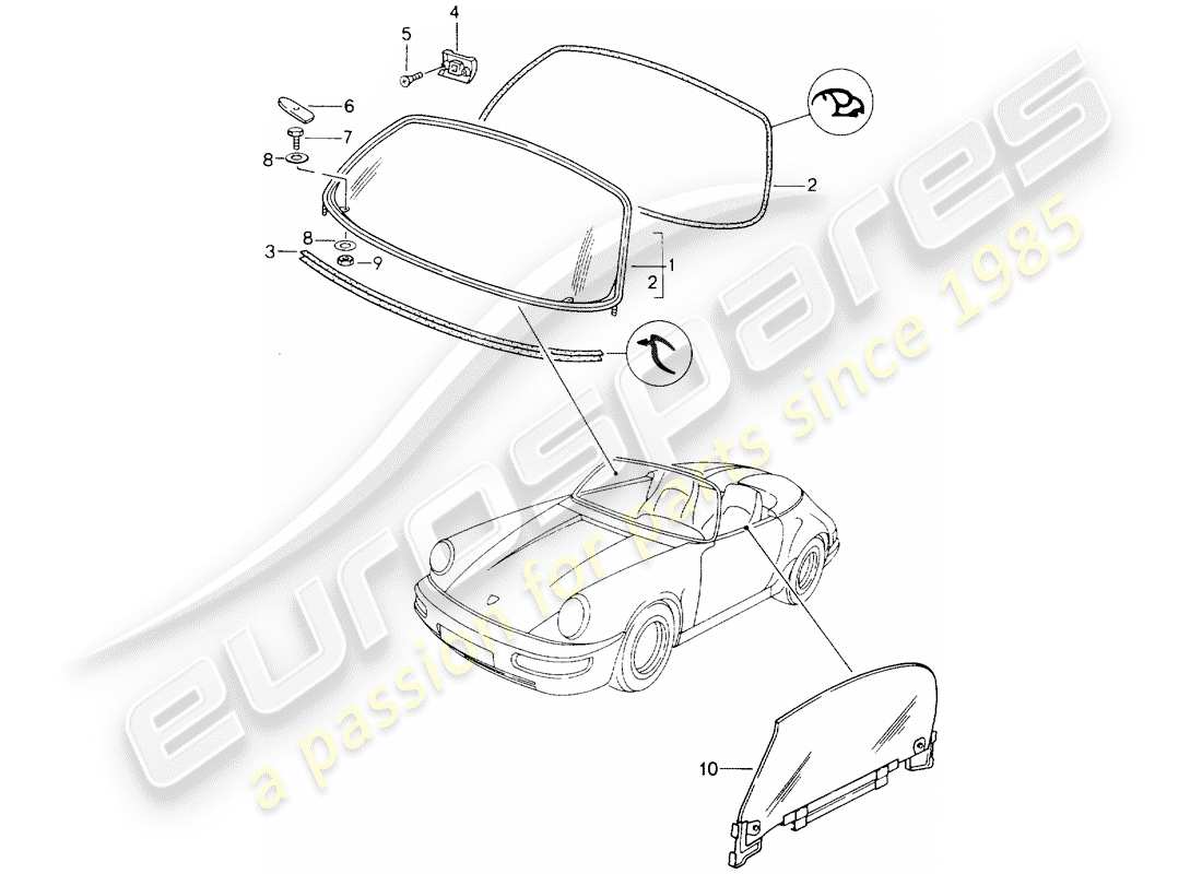 porsche 1992 (964) window glazing part diagram