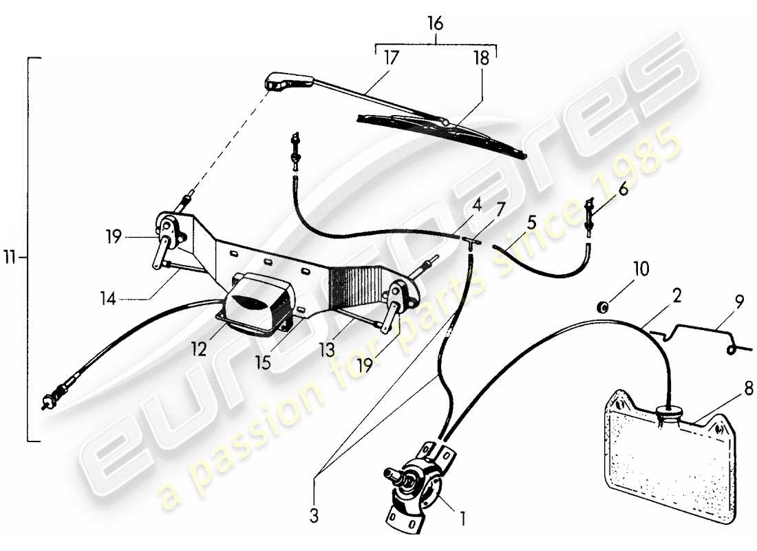 porsche 1954 (356/356a) windshield washer unit - windscreen wiper system part diagram