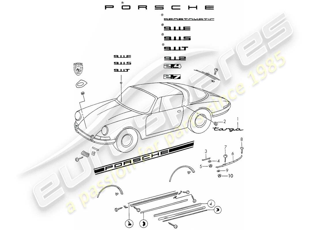 porsche 1972 (911) decorative fittings part diagram