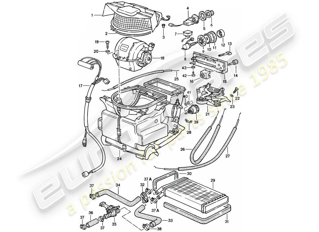 porsche 1983 (944) heater - ventilation - heater core part diagram