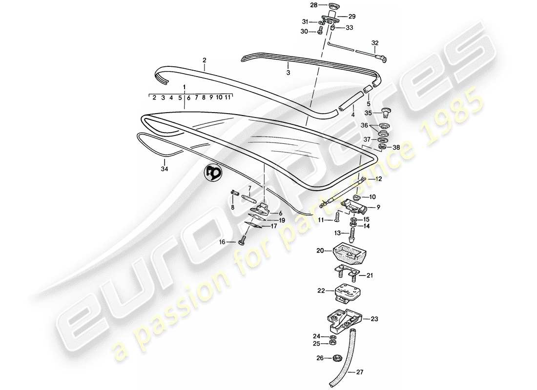 porsche 1983 (944) rear trunk lid - with: - rear window glass - without: - rear spoiler part diagram