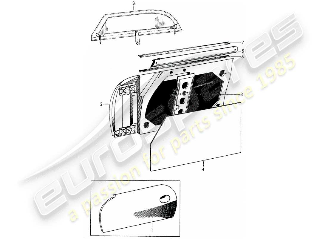porsche 1955 (356/356a) door - with: - accessories parts diagram