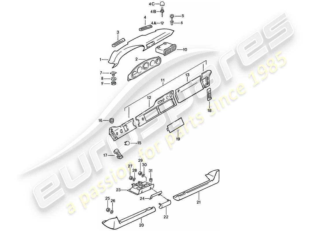 porsche 1985 (911) dash panel trim - with installation parts - d >> - mj 1985 part diagram
