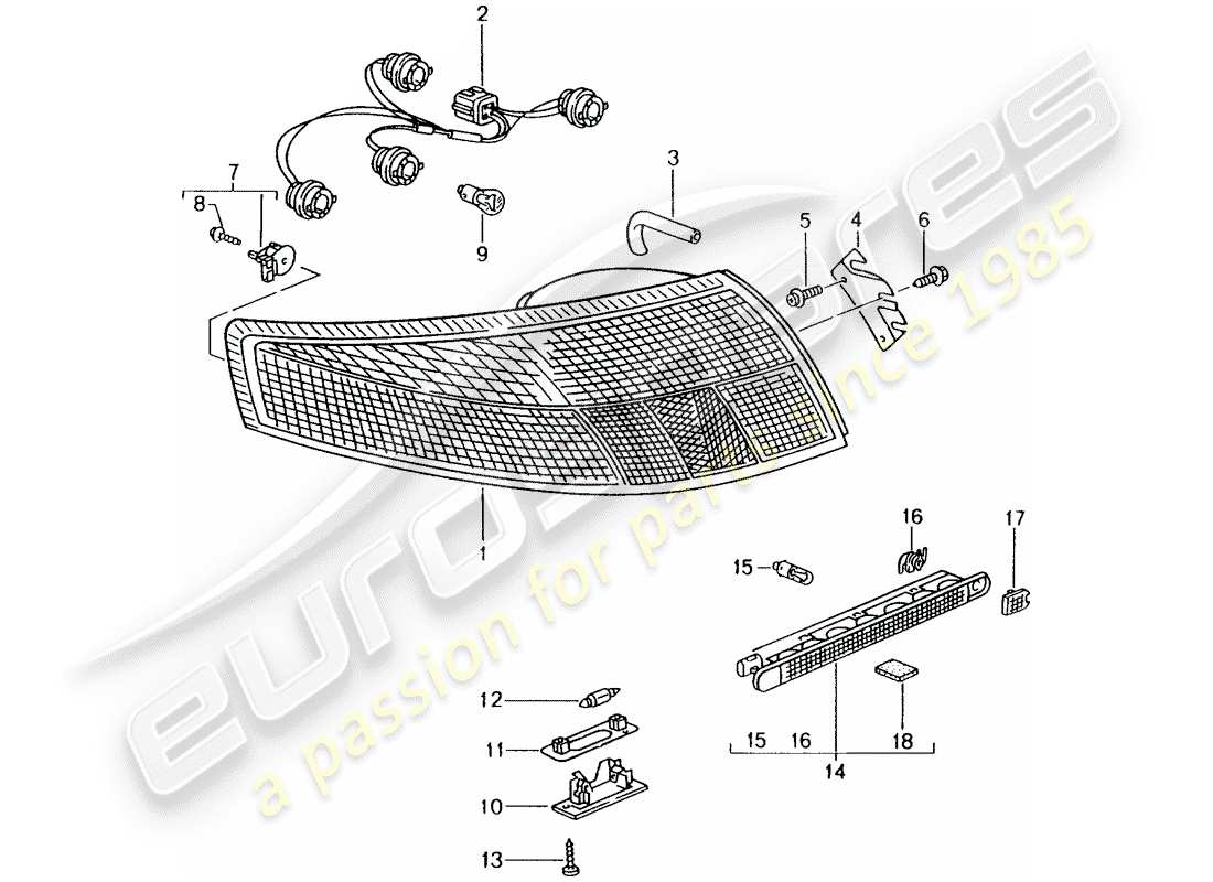 porsche 2000 (996) rear light - license plate light - additional brake light part diagram
