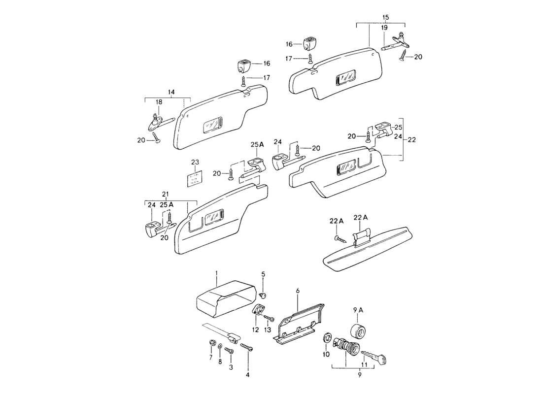 porsche 1994 (964) glove box - for cars without - airbag - sun vizors part diagram
