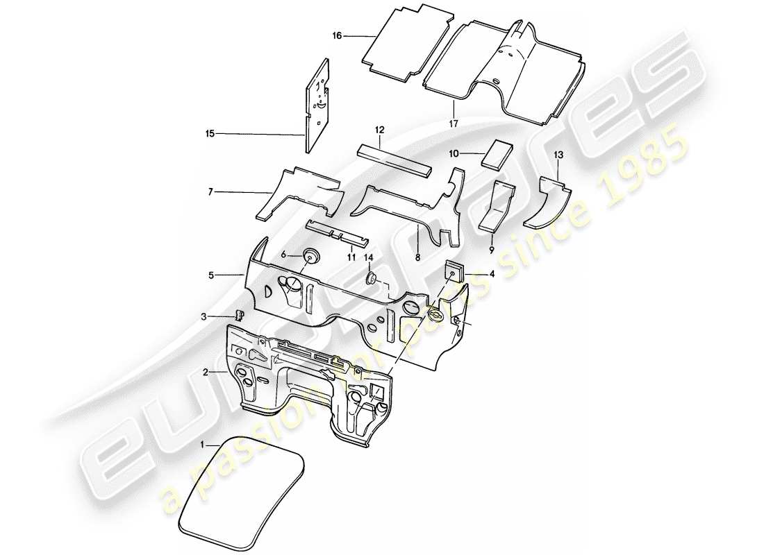 porsche 1982 (928) body shell - sound proofing 1 part diagram