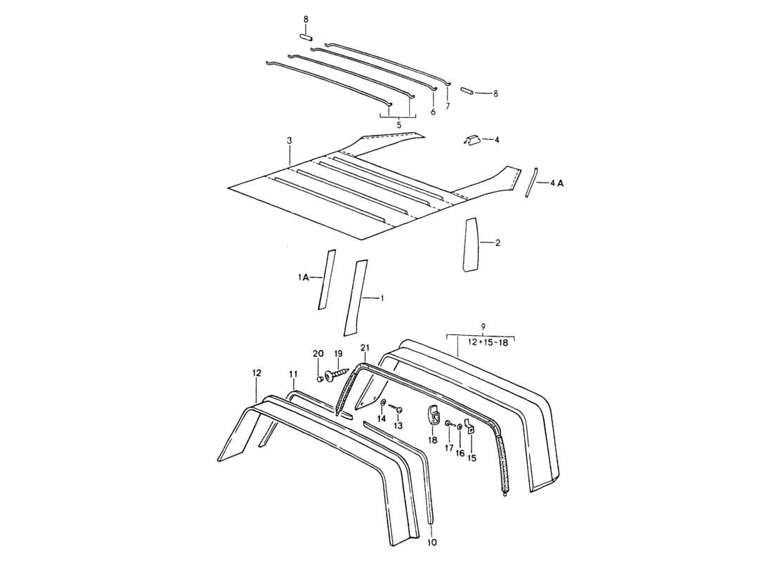 porsche 1994 (964) interior equipment - roof - roll bar part diagram