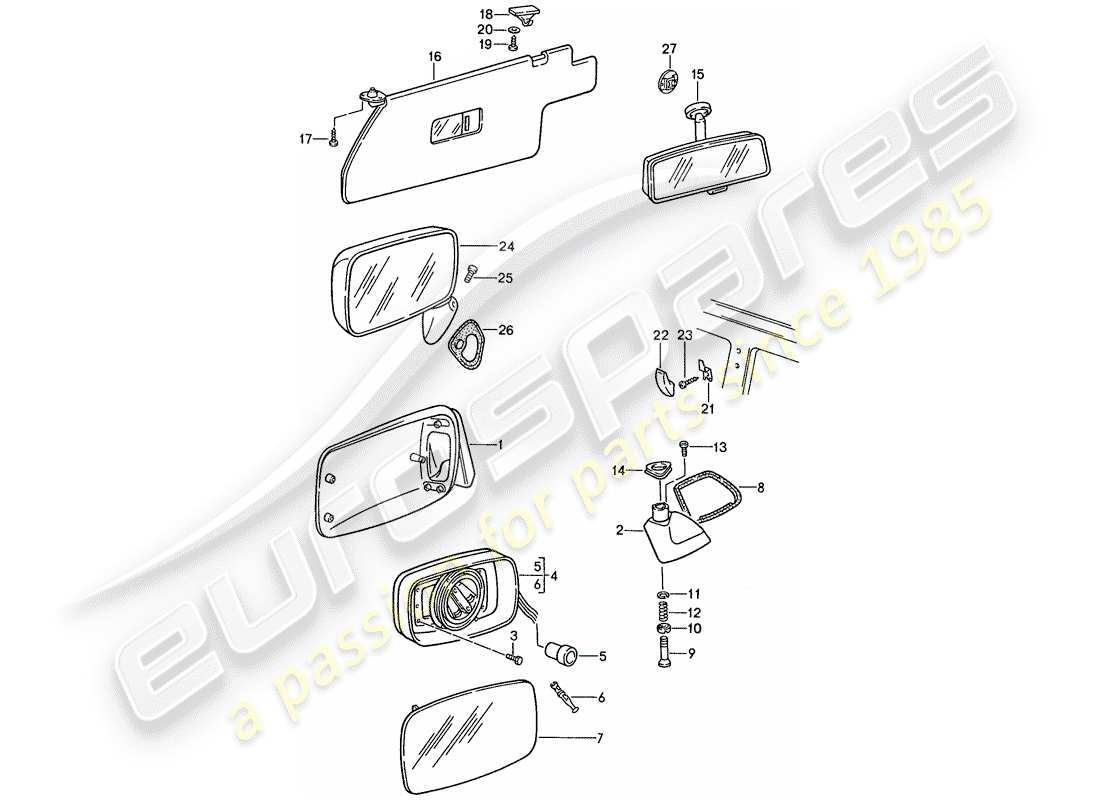 porsche 1990 (944) sun vizor - rear view mirror - rear view mirror inner part diagram