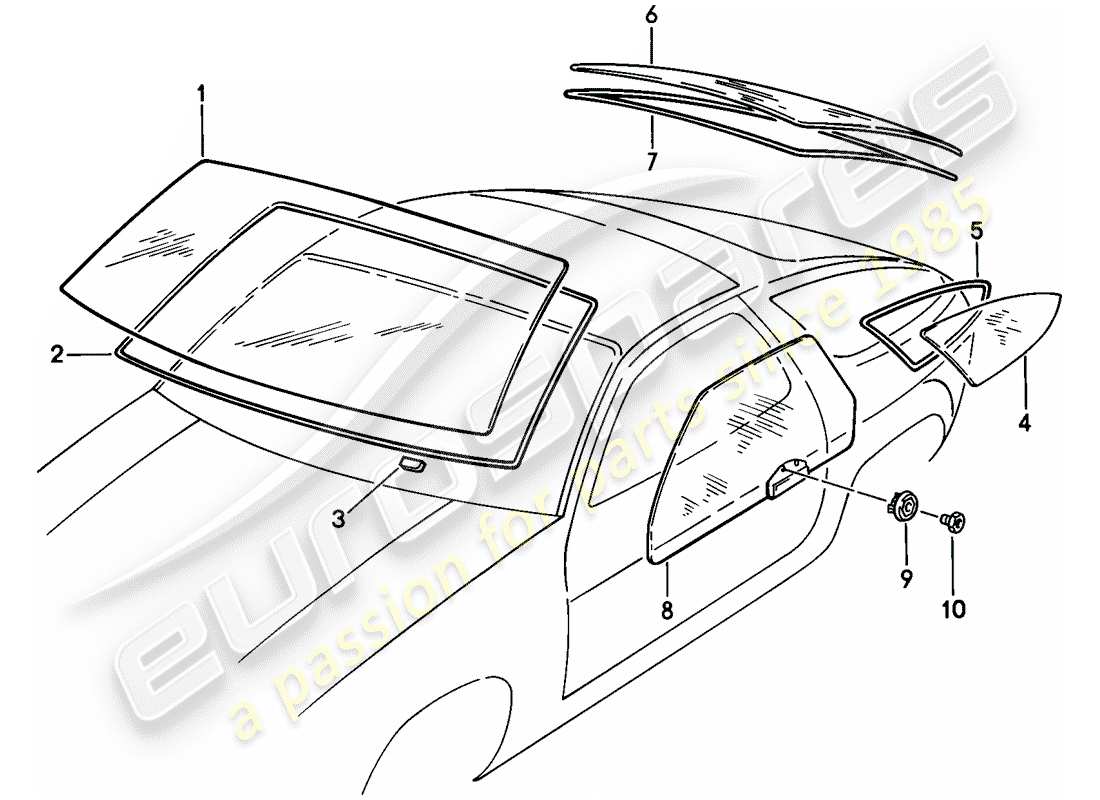porsche 1982 (928) window glasses part diagram