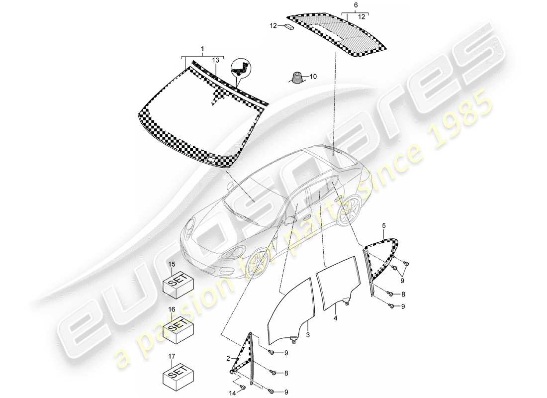 porsche 2015 (panamera 970) window glazing part diagram