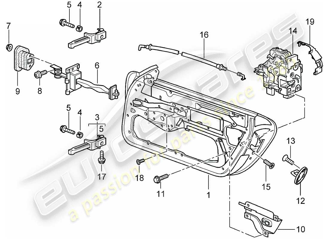 porsche 1999 (986 boxster) door shell - door latch parts diagram