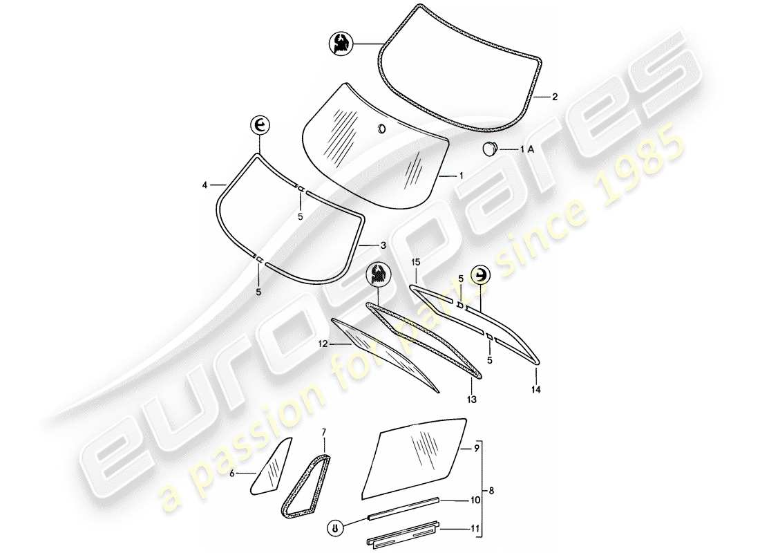 porsche 1986 (911) window glazing part diagram