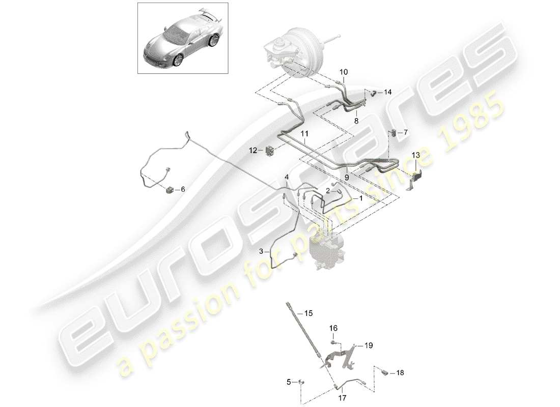 porsche 991r/gt3/rs (2014) brake line parts diagram