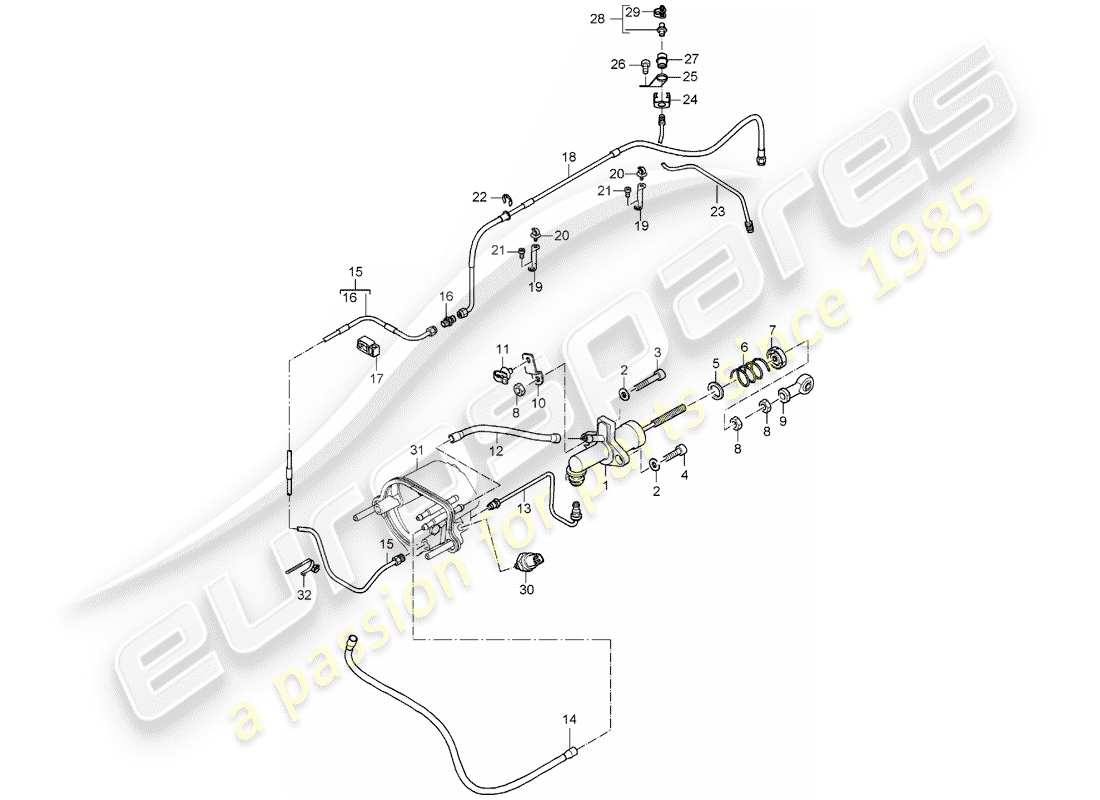 porsche carrera gt (2005) hydraulic clutch - operation - clutch master cylinder - hydraulic clutch pipe parts diagram