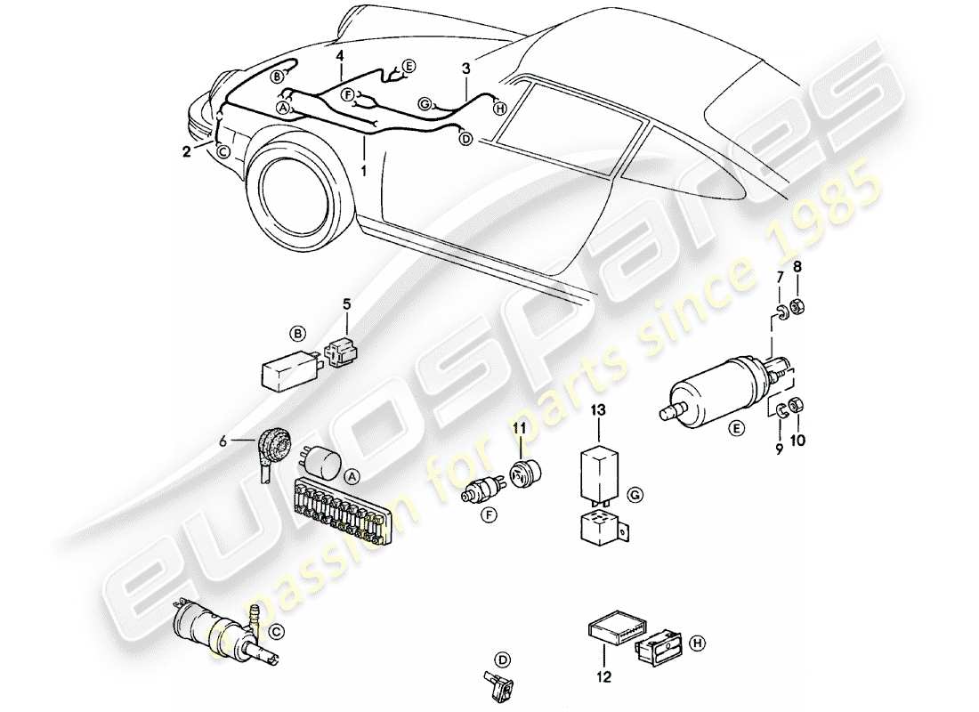 porsche 911 (1983) wiring harnesses - headlight washer system - warning light - fuel pump part diagram