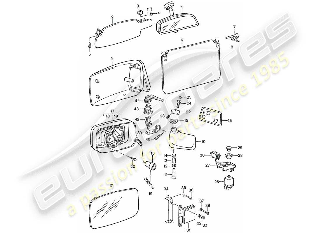 porsche 1990 (928) sun vizor - rear view mirror inner - rear view mirror part diagram
